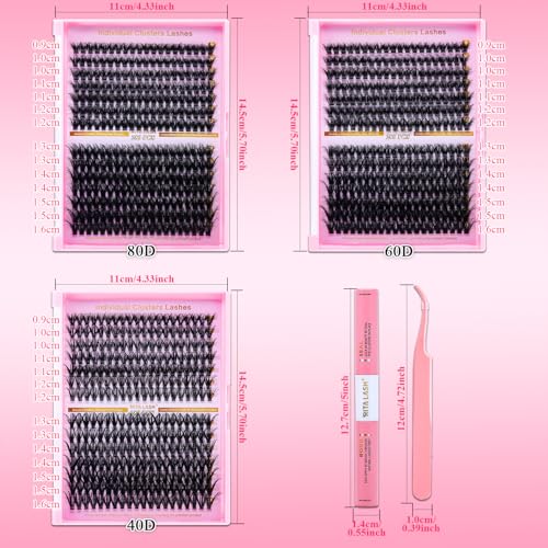 Lash Extension Kit DIY Lash Clusters 3 Boxes Cluster Lashes Soft Eyelash Extensions Wispy Individual Lashes with Lash Bond and Seal,Lash Tweezers,Washbag 6 Counts(40D 60D 80D, 3 Boxes Kit)