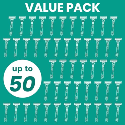 50 count Disposable Razors for Men,3-Blade Razors,Bulk Stainless Steel Shavers with Lubricating Strip for Shaving Sensitive Skin