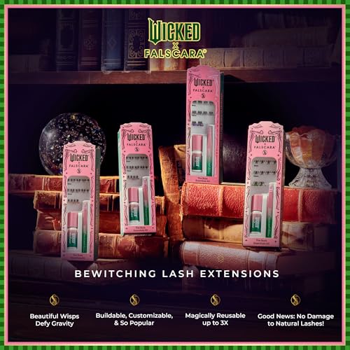 WICKED X FALSCARA False Eyelashes, ¡®Fantastical Fashions¡¯, 8mm-10mm Natural Volume, Green Glitter, Lash Extension Kit Includes Mini BOND NET WT 4.5 G (0.15 Oz.), Mini Applicator, & 10 Lash Clusters