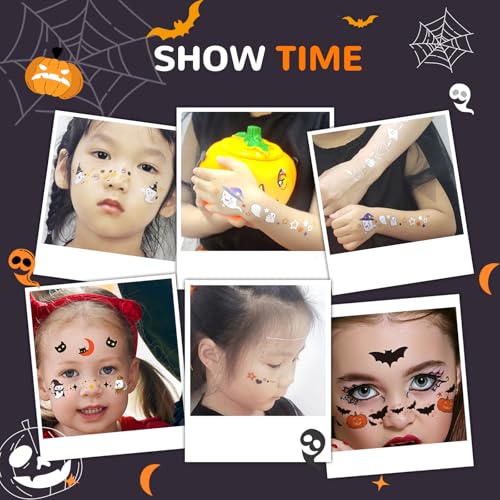 Halloween Face Temporary Tattoos for Kids 12 Sheets Day of the Dead Pumpkin Spider Bat Ghost Tattoo Stickers Cute Face Makeup Decals for Halloween Party Decorations