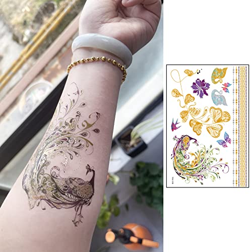 Aresvns Metallic Temporary Tattoo Butterfly, 8 Sheets Gold Silver Fake Tattoo for Women,Flash Jewelry Gold Boho Tattoos Waterproof and Long Lasting Accessories for Summer Night Party,Pool Party