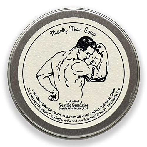 Seattle Sundries Manly Man Soap Bar, Gift for Dad - 1 (4oz) Handmade Natural Mens Bar Soap, Classic Masculine Scent Stocking Stuffer in a Retro Gift Tin