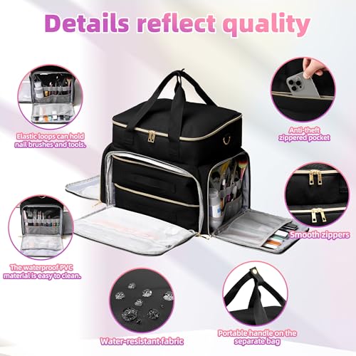 DERSTUEWE Nail Polish Organizer Case ? Waterproof Travel Bag with Hard Bottom ? Double Layer Nail Storage Bag with Adjustable Dividers & Nail Lamp Compartment (Black)