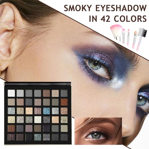 42 Colors Black Gray Smokey Eyeshadow Palette,Matte Shimmer Glitter Neutral Eyeshadow Palette,Highly Pigmented Smokey Silver Black Eye Shadow Palette Goth Makeup Kit with Eyeshadow Brush