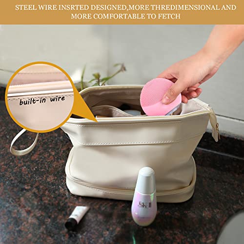 Abiudeng Large Capacity Makeup Bag Ladies Cosmetic Bag Travel Bag with Compartments Portable PU Leather Travel Makeup Bag with Handle
