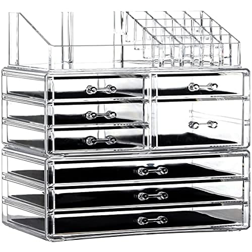 Cq Acrylic 3 Pack Clear Make Up Organizers - Stackable 8 Drawer Organizer for Vanity, Desk, Jewelry, Beauty & Skincare Products