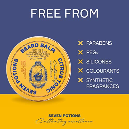SEVEN POTIONS Beard Balm for Men ? Conditioning Softener to Nourish Skin, Facial Hair, and Stop Beard Itch ? All-Natural, Vegan, Cruelty Free ? Citrus Tonic (2 FL OZ)