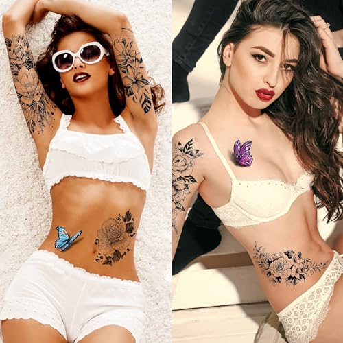 Cerlaza Temporary Tattoos for Women, Fake Flower Tattoos Stickers for Adults, Semi Permanent Half Sleeve Tattoo Body Leg Makeup Waterproof, Flower 3D Butterflies Tatuajes Temporales-12 Sheets