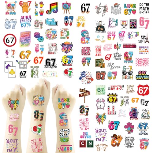 102Pcs 6 7 Meme Temporary Tattoos, Funny Number Six Seven Tattoo Stickers Waterproof Party Favors Decoration Supplies
