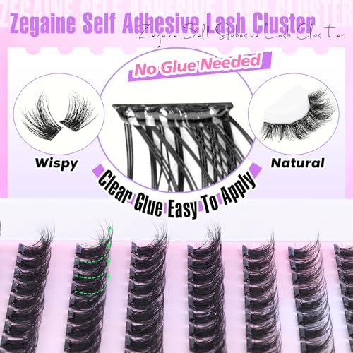 Zegaine Self Adhesive Eyelashes Natural Self Adhesive Lash Clusters Wispy Pre Glued Eyelash Clusters Clear Band C-Curly Pesta?as Postizas Naturales Wispy Glueless Lashes No Glue Needed 10-14MM