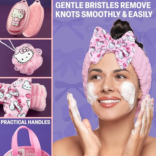 Hello Kitty Sanrio Shower Accessories Set, Kawaii Toiletry Bag with Shower Cap Headband Bath Sponge, Gifts for Girls, Teens, Women (Pink Hello Kitty)