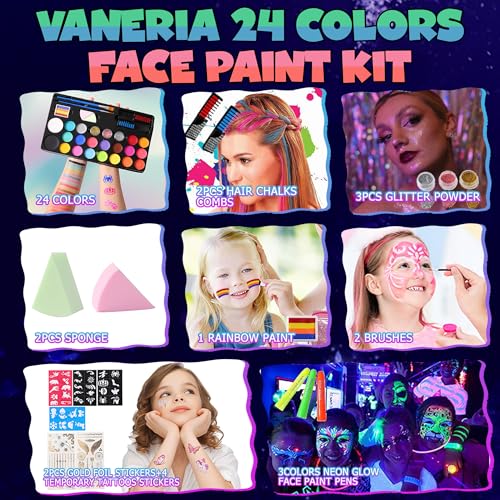 Vaneria 24 Colours Body & Face Paint Set - Quick-Drying,Water-Based Formula with Fluorescent Pens,Hair Coloring Combs,Glitter,Stencils & Brushes for Halloween, Party, Cosplay