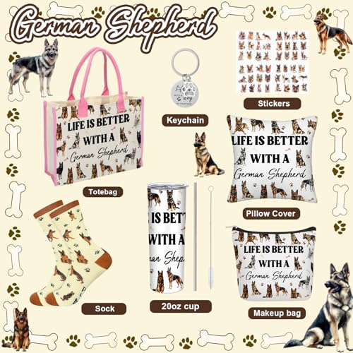 Patelai 56 Pcs Valentine German Shepherd Gift for Women German Shepherd Dog Lover Gift 20oz Stainless Tumbler Tote Bag Cosmetic Bag Sock Pillow Cover Keychain Sticker for Dog Mom Birthday Party Favor