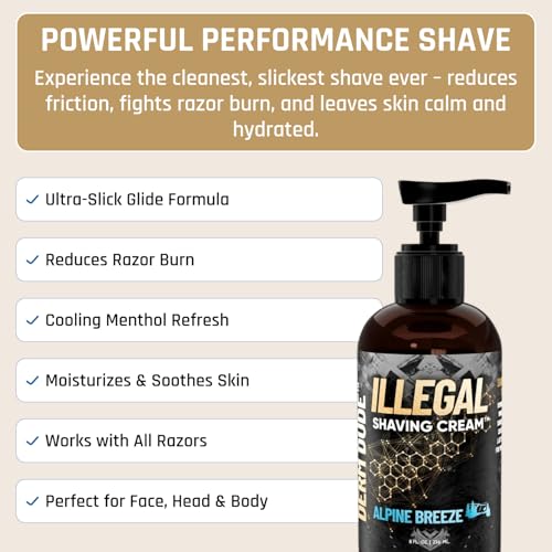 Derm Dude Illegal Shave Cream for Men | Ultra-Slick Shaving Cream for Sensitive Skin | Fights Razor Burn, Bumps, Nicks & Cuts | Smooth Glide Formula ? Alpine Breeze Scent, 8oz