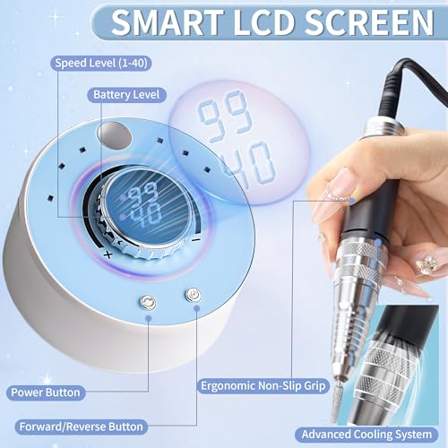 Electric Nail Drill Kit Professional 40000 RPM Nail Grinder, Rechargeable Ultra Power with 12 Pro Salon-Grade Bits for Acrylic Nails Remove, for Salon & Home