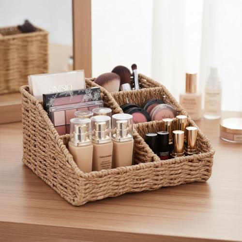Makeup Organizer, Hand-woven Wicker Basket for Dresser Vanity and Bathroom Countertop, 6 Compartment Skincare Organizer Cosmetic Display Case, Beauty Holder for Lipstick Brush Eyeshadow Palette