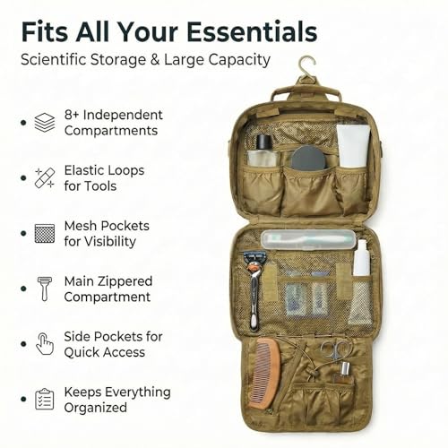 Mens Toiletry Travel Bag, Tactical Toiletry Bag for Men, Bathroom Hanging Toiletry Bag for Men Shaving Hygiene Bag Travel Toiletry Organizer Short Trips Bag, Brown