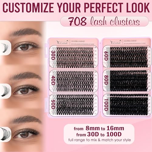 V-uCool 708 Pcs DIY Lash Clusters Kit, D Curl 30D?100D 8?16mm Mix, Fluffy Wispy Cluster Lashes with Bond & Seal, Tweezer, 5 Pads & Brush