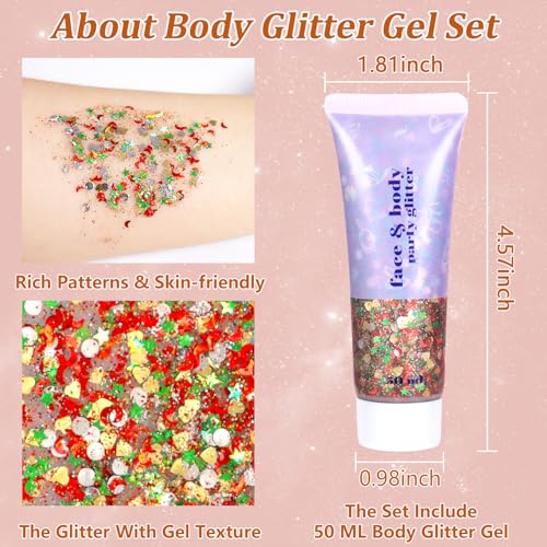 Boko 50ML Body Glitter Gel, Pink Chunky Glitter Gel for Face Hair Body Love Heart Makeup, Mermaid Face Glitter Sequins for Festival Music Concert Party Rave Accessories