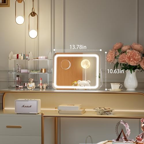 Hasipu LED Makeup Mirror with Bluetooth Speaker, 14" x 10" Wide-Screen Vanity Mirror with Lights, 3 Modes Light, Smart Touch Control Dimmable, Rectangle White Frame
