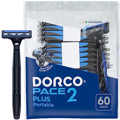 Dorco Pace 2 Plus Disposable Razors for Men (60ct), 2 Blades Shaving Razor, Pivoting Head, Open-Flow for Easy Rinsing, Lubricating Strip, Long Non-Slip Rubber Handle