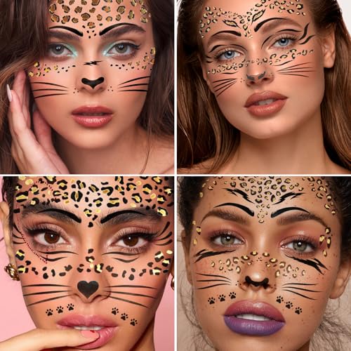 7 Sheets Leopard Face Tattoo Stickers Glitter Cheetah Print Temporary Tattoos Women Body Makeup Accessories for Halloween Costume Party