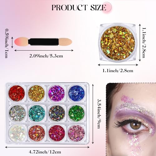 Body Glitter Face Glitter, 12 Colors of Chunky Glitter Gel Holographic for Women, Suitable for Body/Face/Hair/Eyes, Carnival Party