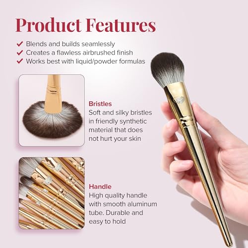 Delbar Gold Makeup Brushes by Lady of Eshgh | 8pc Full Face Makeup Brush Set with Travel Bag | Professional Make Up Brushes | Cruelty Free, Natural Hair-Like Bristles