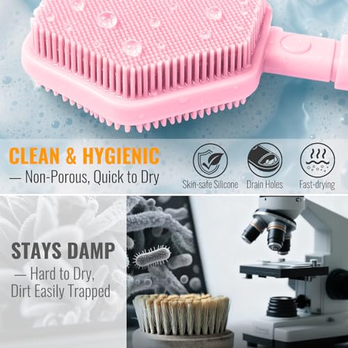 Silicone Back Scrubber for Shower ? 21in Extendable Shower Brush with Long Handle ? Dual-Sided Back Brush with Non-Slip Grip, Gentle Cleansing & Exfoliation for Men, Women, Elderly (Pink)