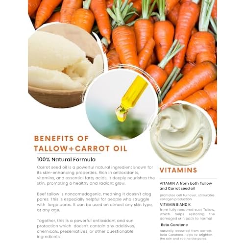 SULU ORGANICS Whipped Tallow Balm with Carrot Oil and Grass Fed Tallow for Face and Body, Natural Sunscreen- 4 ounces-Glass Jar