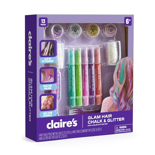 Claire's Hair Chalk & Glitter Styling Kit, 13-Piece Temporary Hair Color Set with Washable Chalk Pens, Glitter Gels, Clip-in Extensions & Tools, Girl Toys & Beauty Activity, Fashion Craft Gift Ages 6+