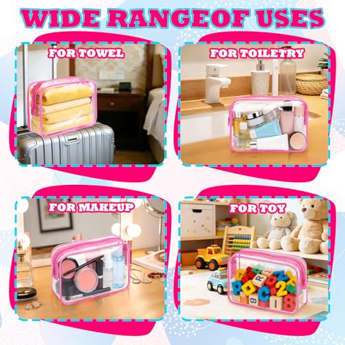 12PCS Clear Cosmetic Bag Transparent PVC Makeup Bag Waterproof Plastic Zipper Pouches Travel Toiletry Organizer Cosmetic Storage Case for Women Traveling Bathroom (Rose Red, Medium)