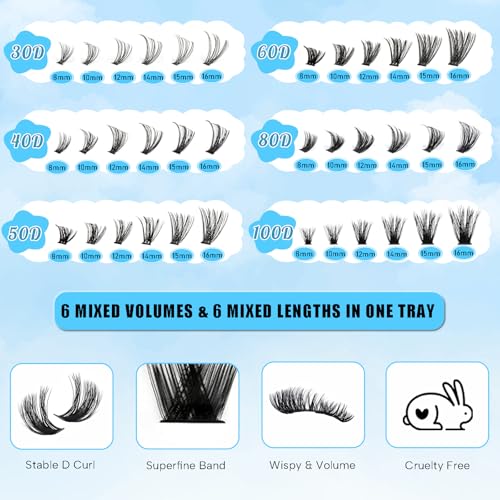 Lash Clusters 720pcs Eyelash Clusters Mixed 30-100D Cluster Eyelash Extensions Wispy Individual Lashes Cluster Natural DIY Eyelashes C curl Volume False Mink Eye Lash Extension Trays