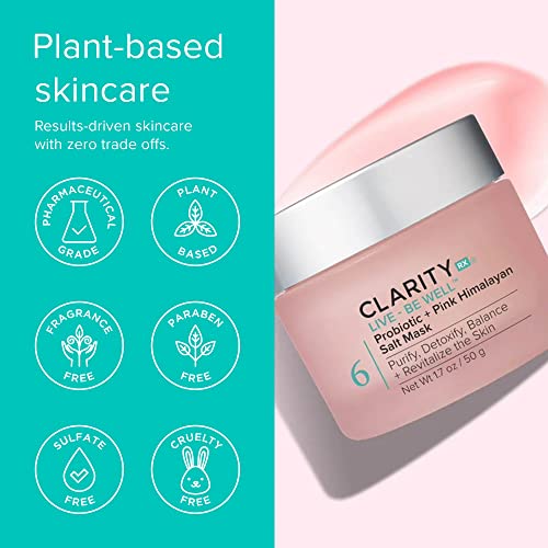 ClarityRx Live + Be Well Probiotic + Pink Himalayan Salt Face Mask, Natural Plant-Based Moisturizing Facial Treatment for All Skin Types, Reduces Redness, Acne & Signs of Aging (1.7 oz)