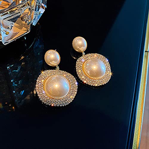 Xerling Bling Rhinestone Pearl Button Stud Earrings for Women Shiny Statement Pearl Dangle Bridal Earrings for Wedding Prom Party