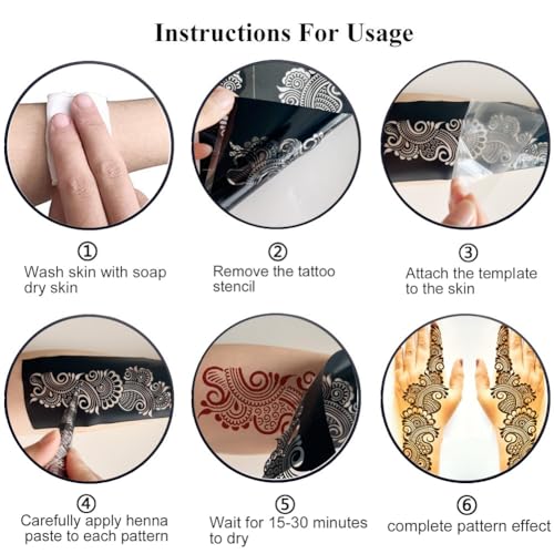 Reusable Henna Tattoo Stencils Kit, Mehendi Stencils for Hands Forearm Glitter Airbrush DIY Tattooing Template,9 Sheet Indian Temporary Tattoo Stickers for Women Girls£¨8.2" x 4.7"£©