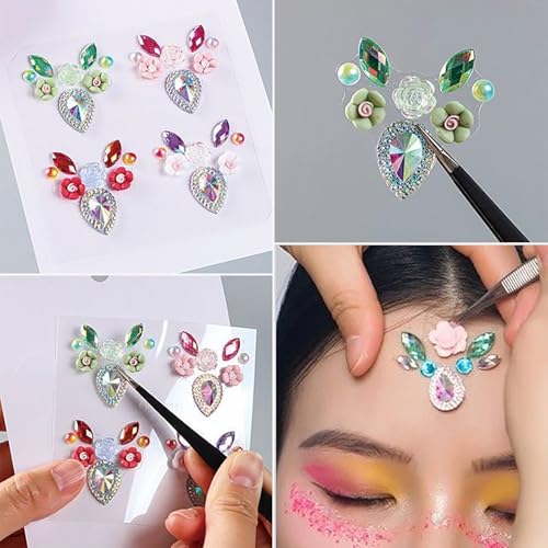 16 Colors Rainbow 3D Rhinestone Crystal Tattoo Sticker for Eyebrow Face Body Makeup Temporary Tattoo Women Festival Accessory DIY Decorations Self Adhesive Eye Gems