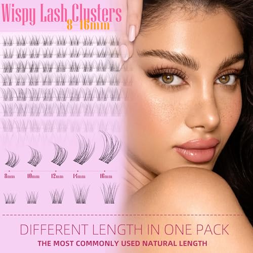 Geeneiya Clear Band Lash Clusters Kit with White Glue Natural Eyelash Clusters Kit 8-16MM Wispy Lash Extension Kit D Curl Individual Eyelash Extensions with Invisible Lash Bond and Seal for Beginners