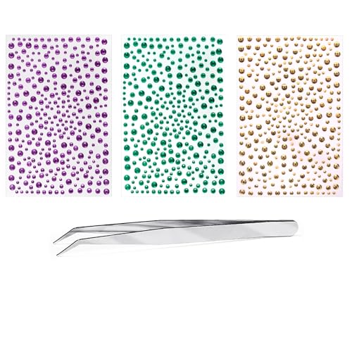 Mardi Gras Face Gems Self-Adhesive Face Jewels Stickers for Makeup, Green Purple Gold Festival Glitter for Mardi Gras Rave Accessories Hair Gems, Rhinestone Stickers for Face, Eye, Makeup, Body
