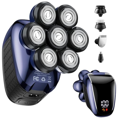 Head Shavers for Bald Men: 5-in-1 Electric Razor with 7D Floating Head & Double Blade - Waterproof Wet Dry Shaver, Travel Lock, LED Display (Deep Blue)