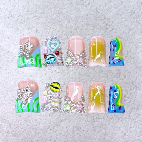 10 Pcs Handmade Duck Press on Nails Short Design 3D Stars Colorful Fake Nails Full Cover Thick French Tip False Nails with Rhinestone Acrylic Reusable Stick on Nails for Women DIY Decoration£¨Size M£©