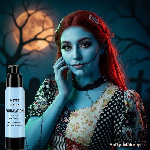 Light Blue Liquid Foundation,Full Coverage Pale Blue Body Paint for Corpse Bride Halloween SFX Avatar Sally Makeup