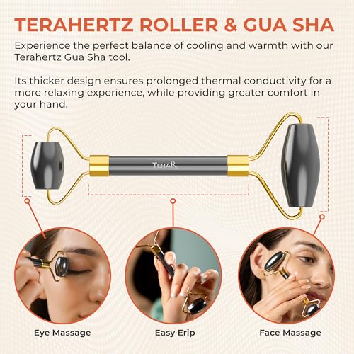 TeraRX¢ç Terahertz Gua Sha & Facial Roller Set ? 100% Authentic Terahertz Stone Face Roller to Reduce Puffiness, Improve Wrinkle Lines & Relieve Facial Tension ? Perfect for Eye Massage and Relaxation