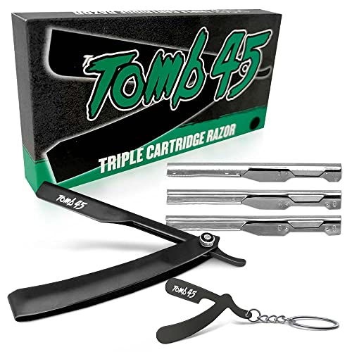 Tomb45 Triple Cartridge Razor Holder | Disposable Razor Safety Handle For Barbers | 100% Metal Grip & 3 Adjustable Blade Exposure Options For Shaving | Men's Straight Edge Razors Manual Shaver