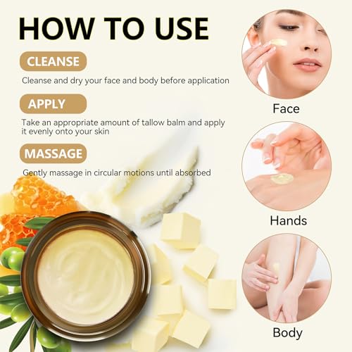 Beef Tallow for Skin, Organic Tallow and Honey Balm for Face, Natural Face Moisturizer, Grass Fed Beef Tallow Skin Care Cream Body Butter, Deep Hydrate and Nourish Dry Skin