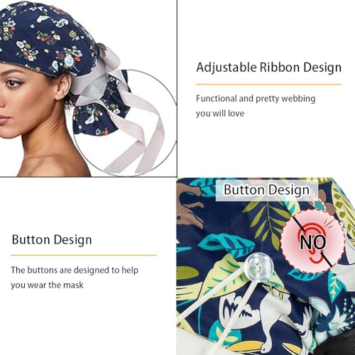 6Pcs Satin Lined Scrub Caps Women, Adjustable Surgical Caps for Women, Nurse Caps for Women Men with Button and Sweatband