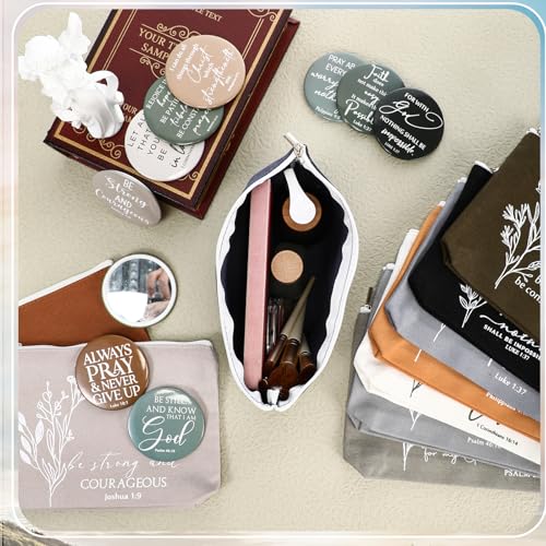 Reginary 20 Set Christian Gifts for Women Bulk 20 Religious Canvas Makeup Bags 20 Bible Verse Compact Mirrors Inspirational Church Holy Week for Easter Mother's Day(Neutral Colors,Aesthetic Style)