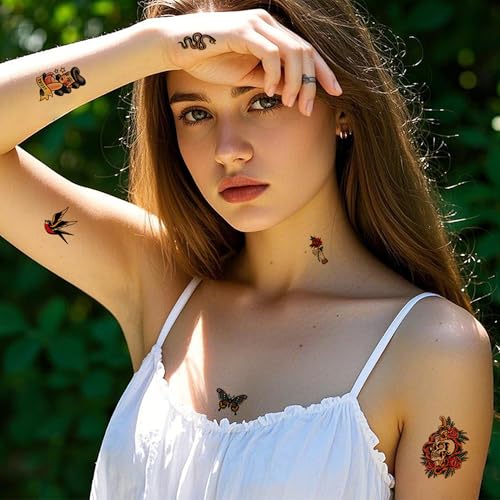 76 Pcs Retro Temporary Tattoos Classic Old School Colorful Tattoos Stickers Flowers Snake Adult Men Women Body Art