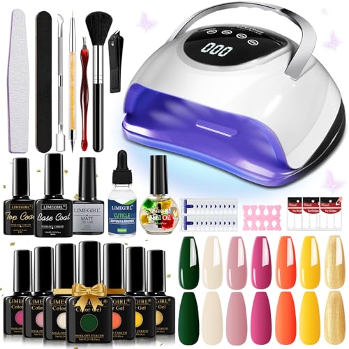 LimeGirl Gel Nail Polish Kit with U V Light, 23PCS Starter Kit with 7 Colors, Hot Pink/Orange/Yellow Green/Skin Tones,Dark-skinned Collection, Salon-Grade Gel Polish Set Nail Lamp Gift for Women