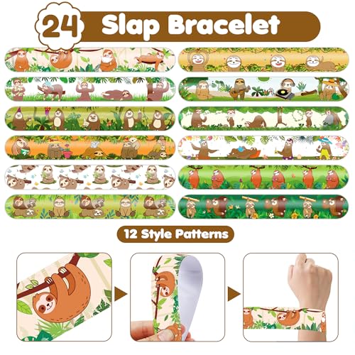 48 PCS Sloth Party Set: 24 PCS Temporary Tattoos & 24 PCS Slap Bracelets - Themed Gifts for Kids, Girls, Boys - Perfect for Birthday Parties, Baby Showers, Classroom Rewards, Party Decorations